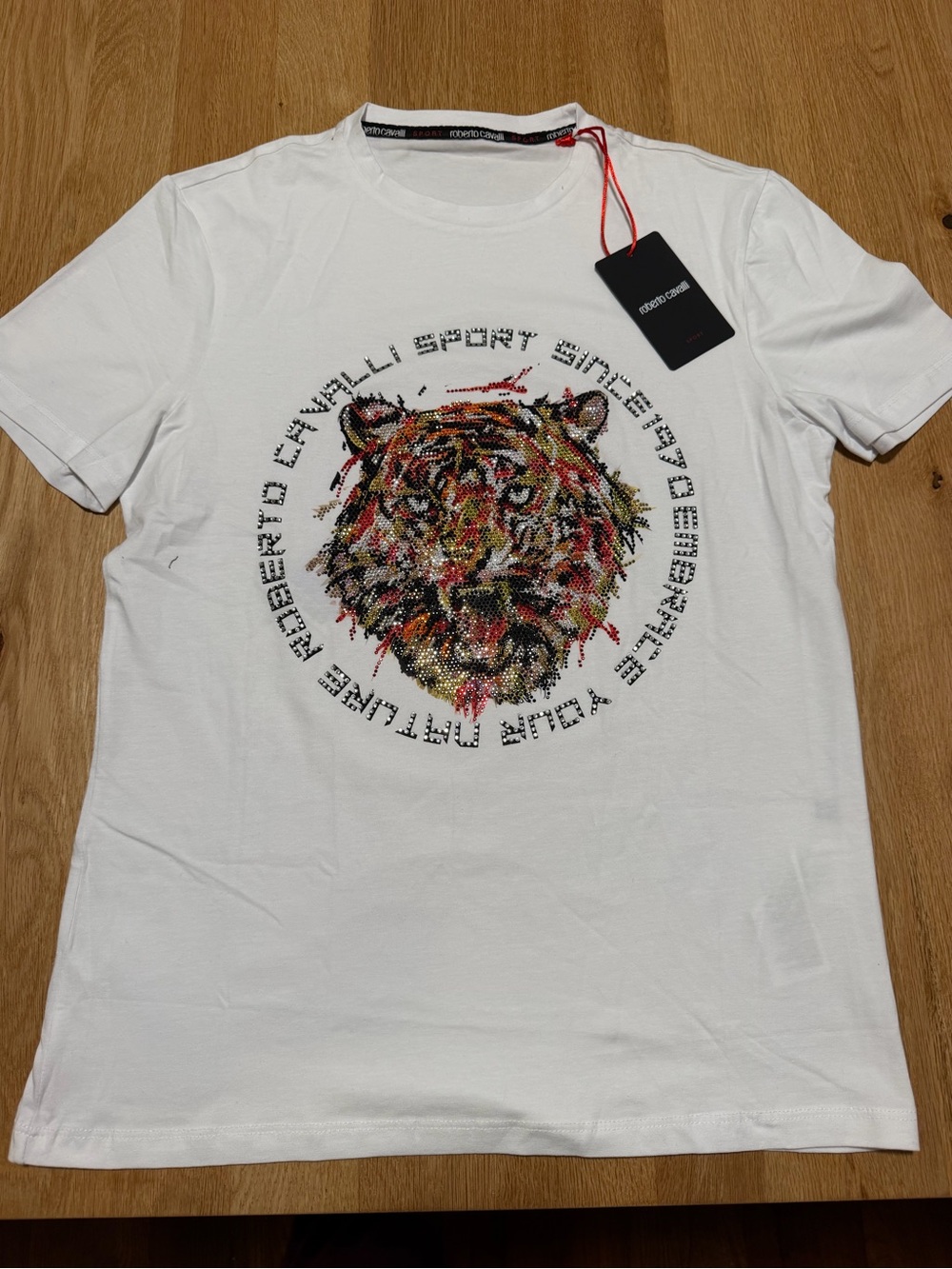 Roberto Cavalli White Short Sleeve Tee with Multicolor Tiger Crystal Motif